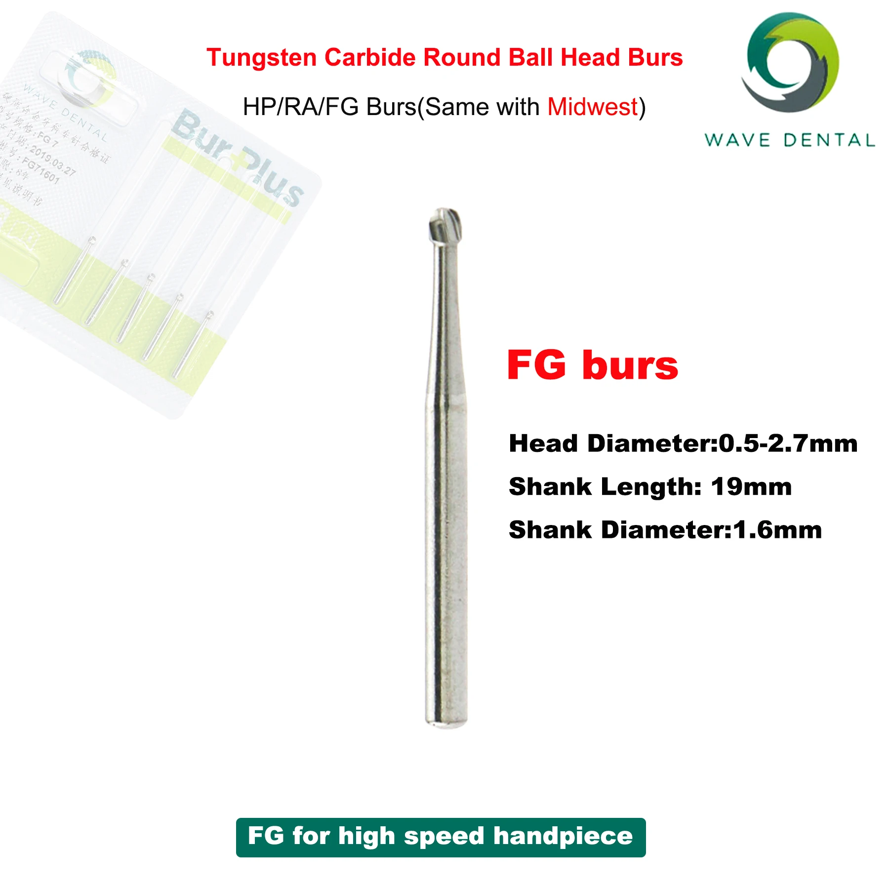 

PRIMA WAVE Dental Burs Tungsten Carbide Burs Dentistry Drill Ball Round Head Dia.1.6mm FG-Series For High Speed Handpiece