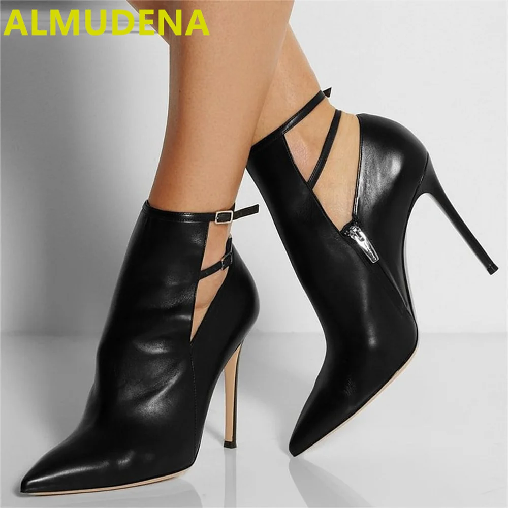 

Pointed Toe Stiletto Heel Women Ankle Boots Hollow Double Buckle Strappy Shoes Mature Solid Slip On Side Zipper Modern Boot Shoe