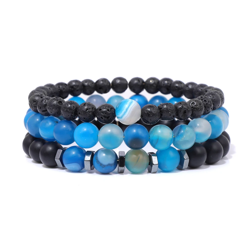3 Pz/Set Blue Veins Agate Bracciali Per Uomo Matte Black Onyx Lava Beads Bracciale Set Ematite Striped Agates Pulsera Hombre