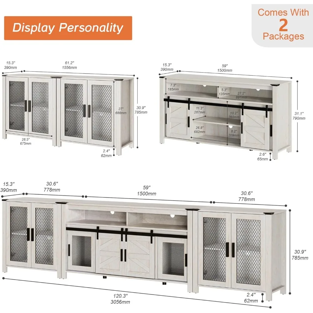 TV Stand Set for 100 inch TV, Farmhouse Storage Units with Open and Adjustable Shelf, Antique White, TVs Stands 6