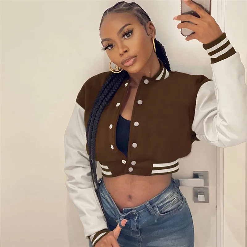 

Spring Women's Coat Long Sleeve Fashion Solid Color Button-up Baseball Jacket Patchwork Sports Style Proofreading Bomber Jacket