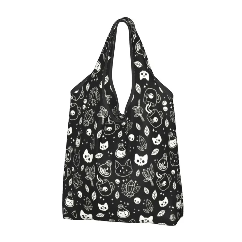 

Многоразовая женская сумка-тоут Witch Shopping, портативные сумки для покупок в виде кота с черепом на Хэллоуин