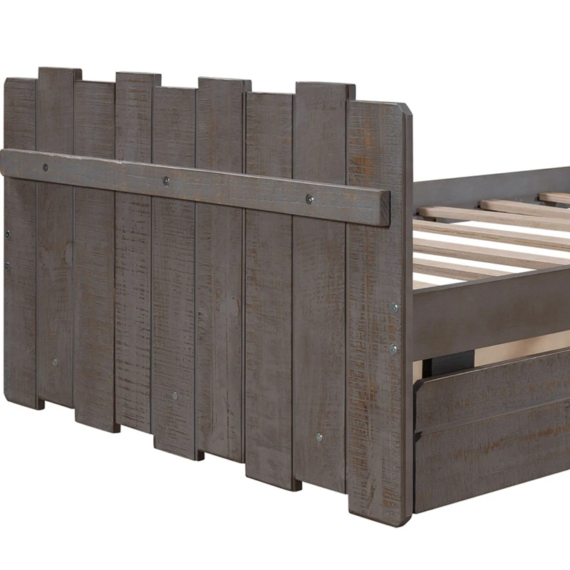 Twin Size Platform Bed with Drawers, Vintage Fence-shaped Headboard and Footboard, Rustic Style, White