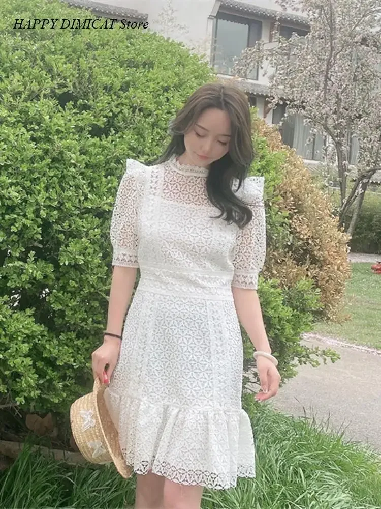 

Summer Dress Sweet Short Mermaid Dress Vestidos Elegant Green Lace Dress Women New Stand CollarRuffles Trim Short Sleeve