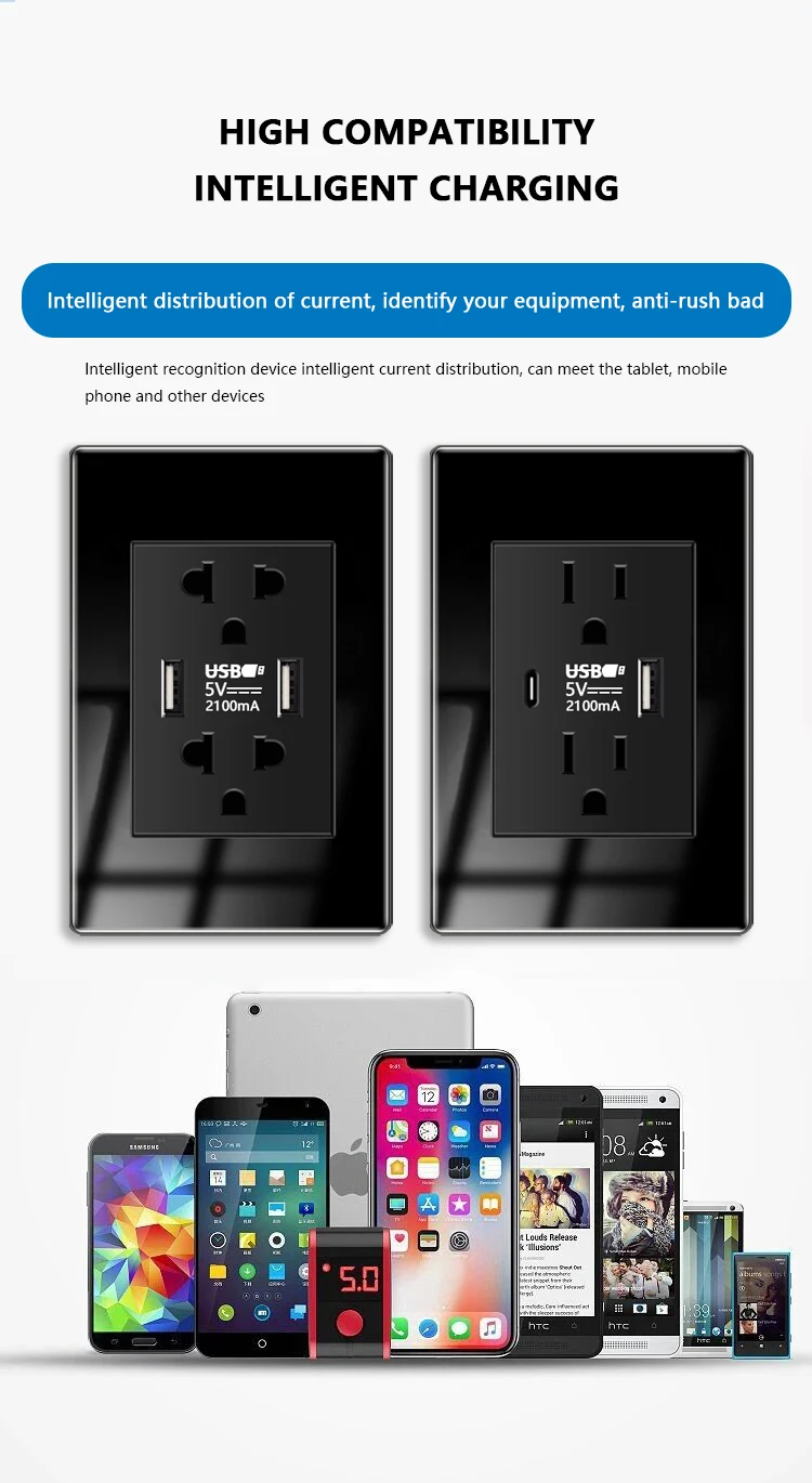 Description Picture 6 of itemAmerican Type-c Quick Charge Wall Power Outlet,2Way Light Electrical Switch Panel,Mexico Thai US Tempered Glass usb Socket Plug