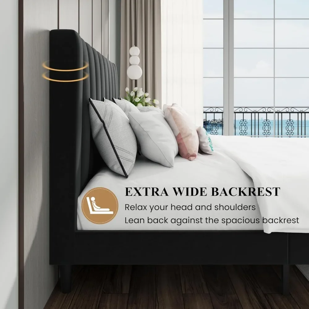 NEW-King Bed Frame/Velvet Upholstered Platform Bed Frame with Headboard/Strong Wood Slats Support/Mattress Foundation/No Box Spr