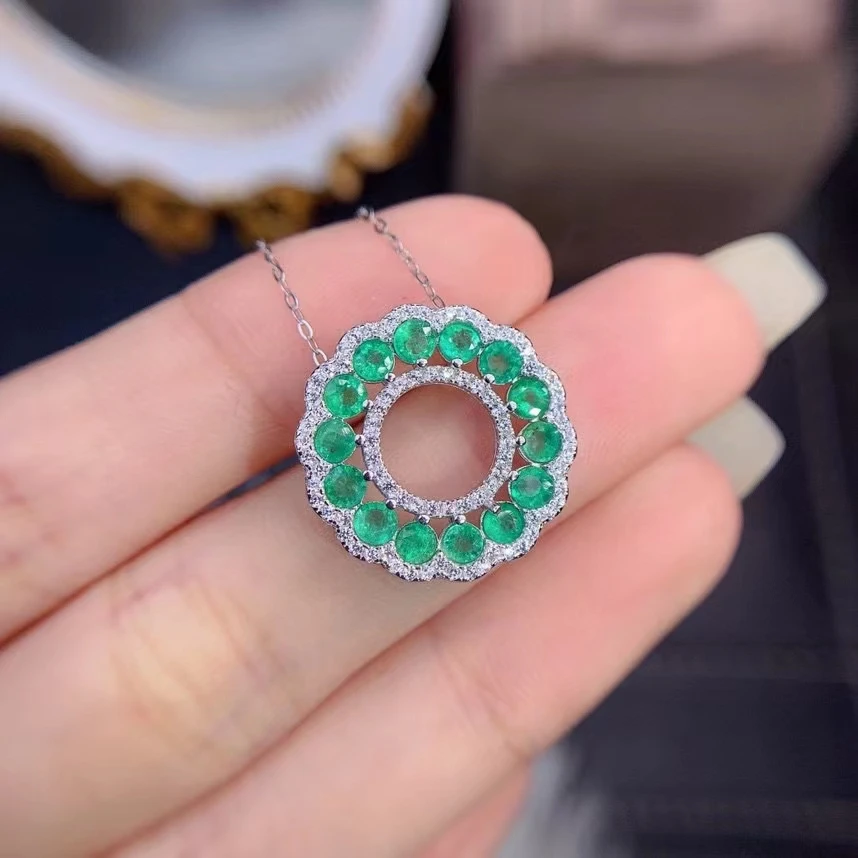 

MeiBaPJ Luxurious Natural Emerald Circle Pendant Necklace with Certificate 925 Pure Silver Fine Wedding Jewelry for Women