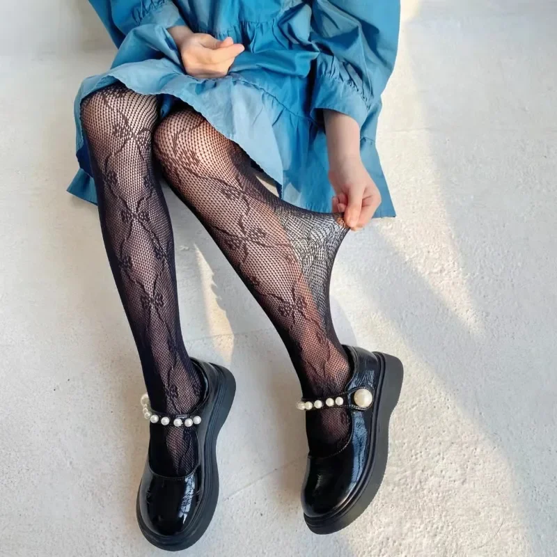 Summer Children Bow Hollow Mesh Tights for Kids Sweet Fashion Fishnet Stocking Socks Girls Thin Soft Breathable White Pantyhose