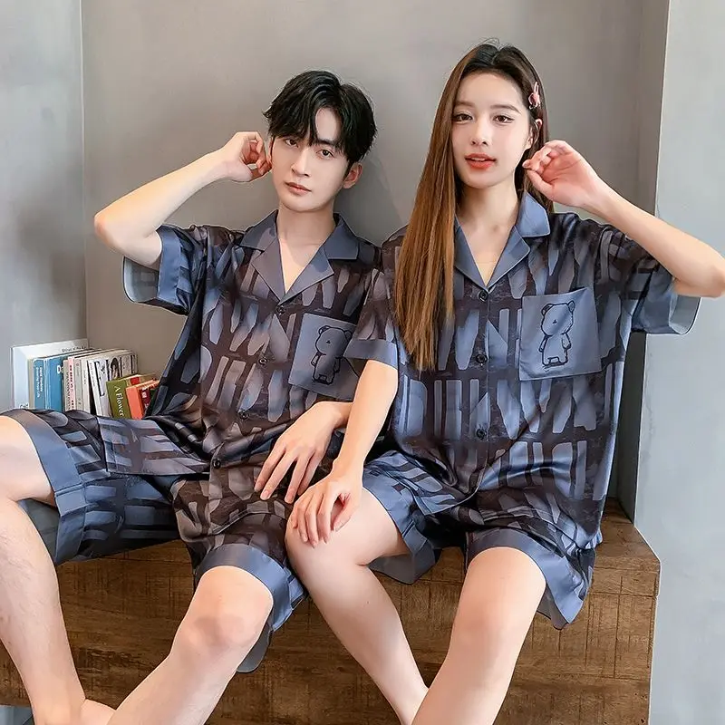 Summer Couple Pajamas Sets Short Sleeve Cardigan Shorts Two Piece Loungewear Sleepwear Silk Print Nightwear High-end Lounge Set