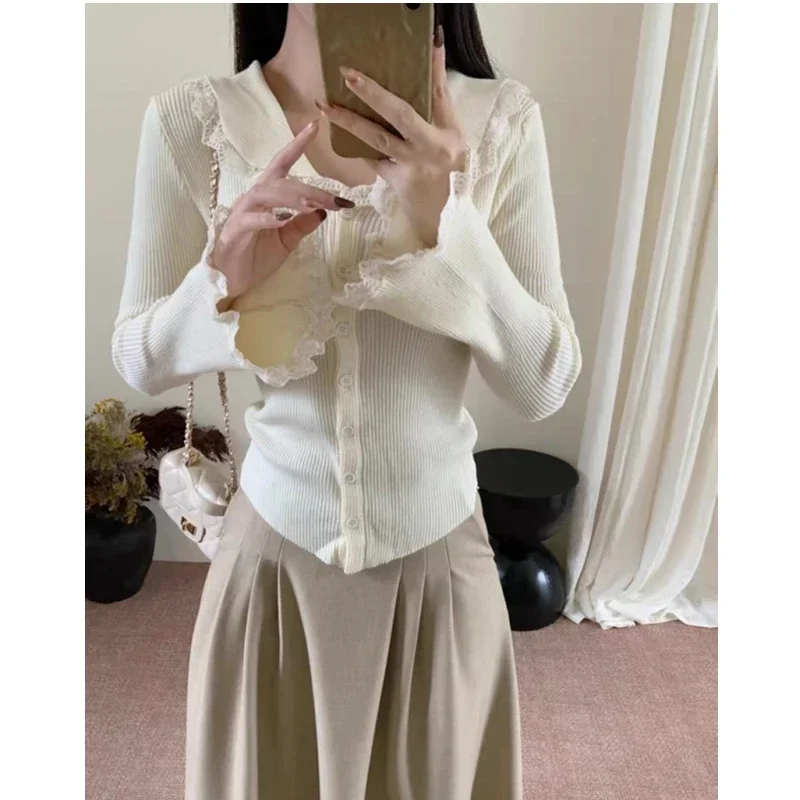 2025 Fall Women Long Sleeve Cardigan Knitted Top Autumn V-neck Sweet Korean Style Lace Sweater Elegant Casual Solid Knitwear
