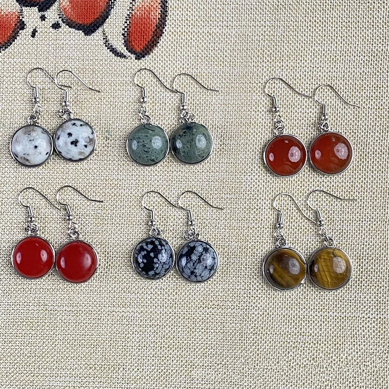 Natural Stone 10mm 12mm Round Amethyst Aventurine Rose Quartz Crystal Agates Dangle Stainless Steel Earrings