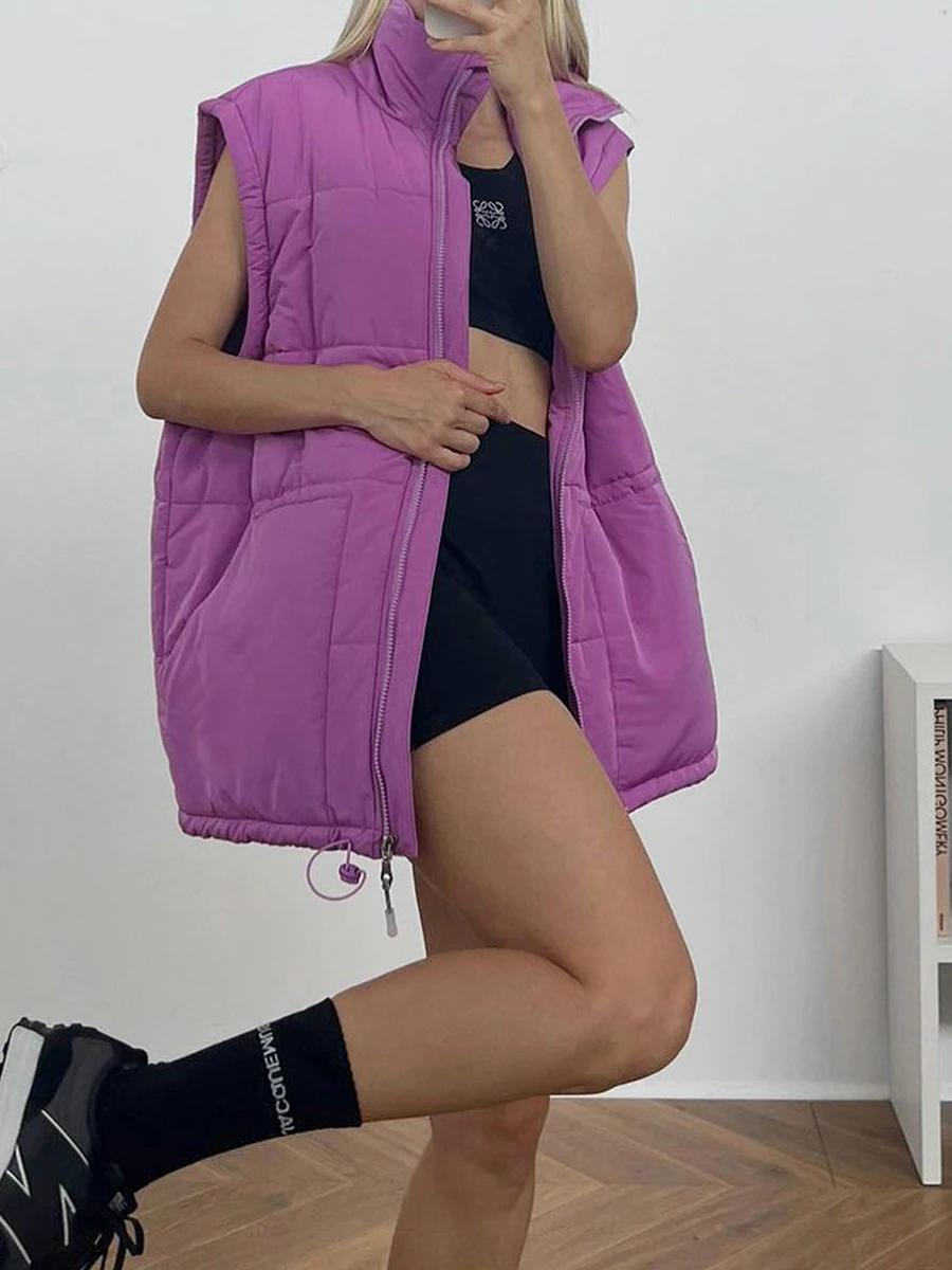 

Women's Winter Sleeveless Jacket Solid Color Zip Stand Collar Fall Vest Waistcoat Quilted Lightweight Loose Coat Casual Outfits