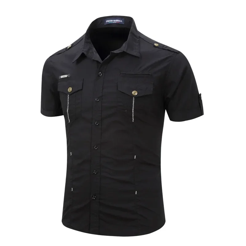 2023 New Mens Military Shirt Men Short Sleeve Cargo Shirts 100% Cotton Casual Solid Shirt Male Pocket Work Shirt 6