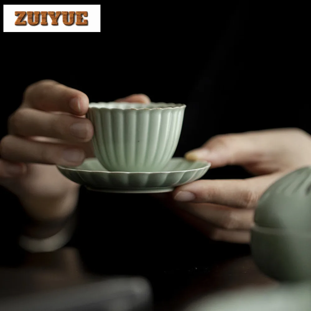 2pc/set Bean Green Glaze Handmade Master Cup Household Chrysanthemum Petal Teacup Retro Mug Meditation Cup Tableware 50ml