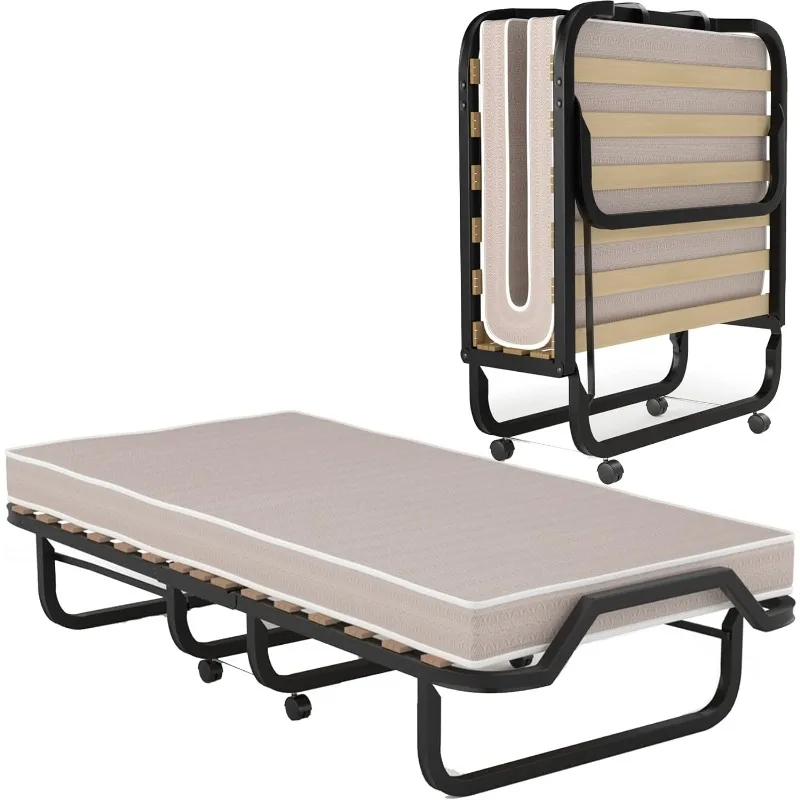 

Folding Bed with 4” Mattress, Foldable Rollaway Bed with Memory Foam Mattress for Adults, Portable Fold Up Guest Bed