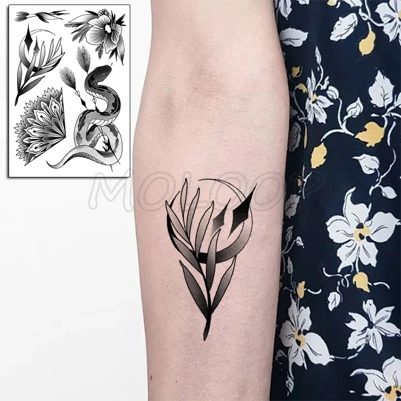 

Black Snake Temporary Tattoo Stickers for Women Men Body Waist Waterproof Fake Tatto Flower Moon Tatto Big Size