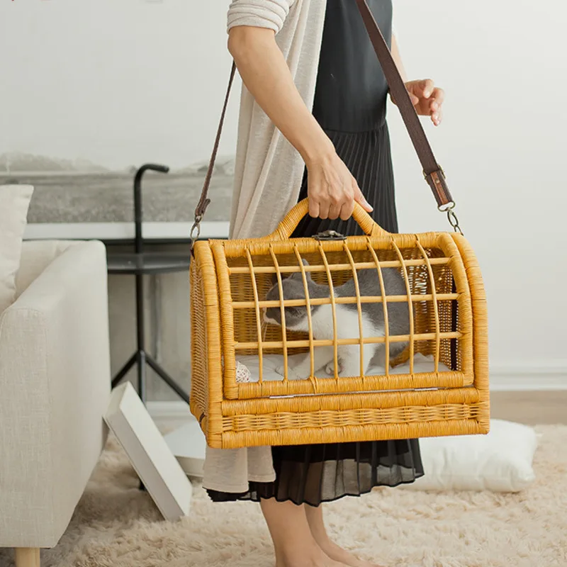 Portador de ratán Natural para gato, cómoda cesta transpirable para