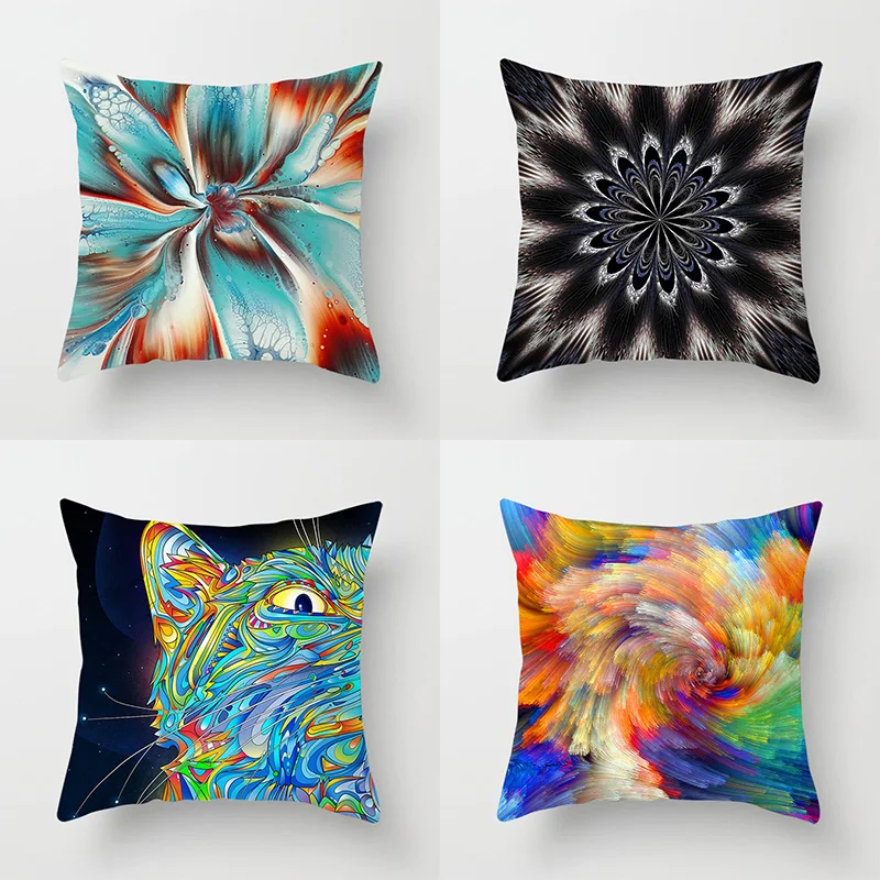 

Psychedelic Colorful Geometric Cat Throw Pillow Cover Sofa Decor Bedside Car Seat Cushion Room Home