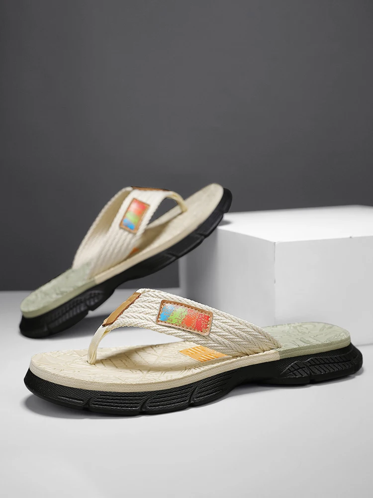Men’s flip - flops, featuring a knitted upper with a colorful label, a two - colored sole, simple and stylish, in a casual style - 2