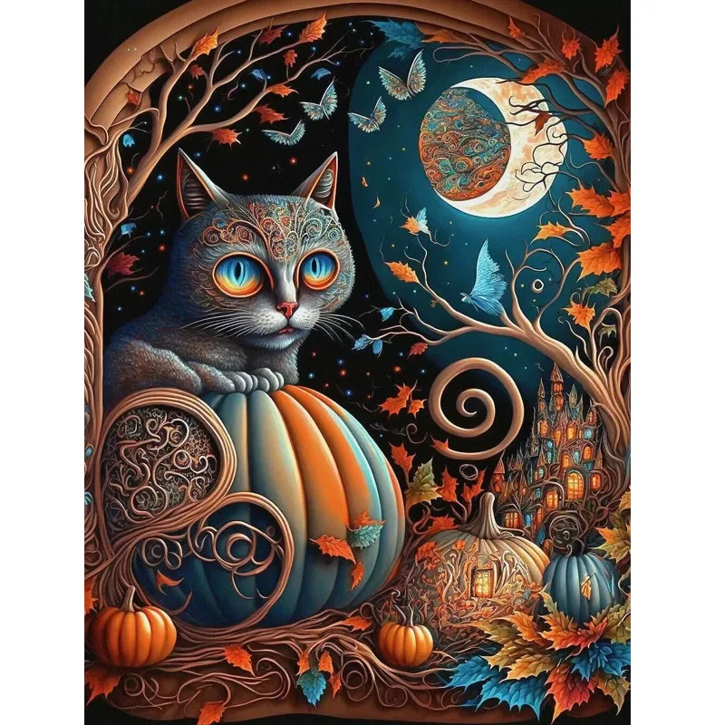 

Sunature 5D Full Square Round Drills Cat Pumpkin Halloween Diamond Painting Poured Glue Canvas