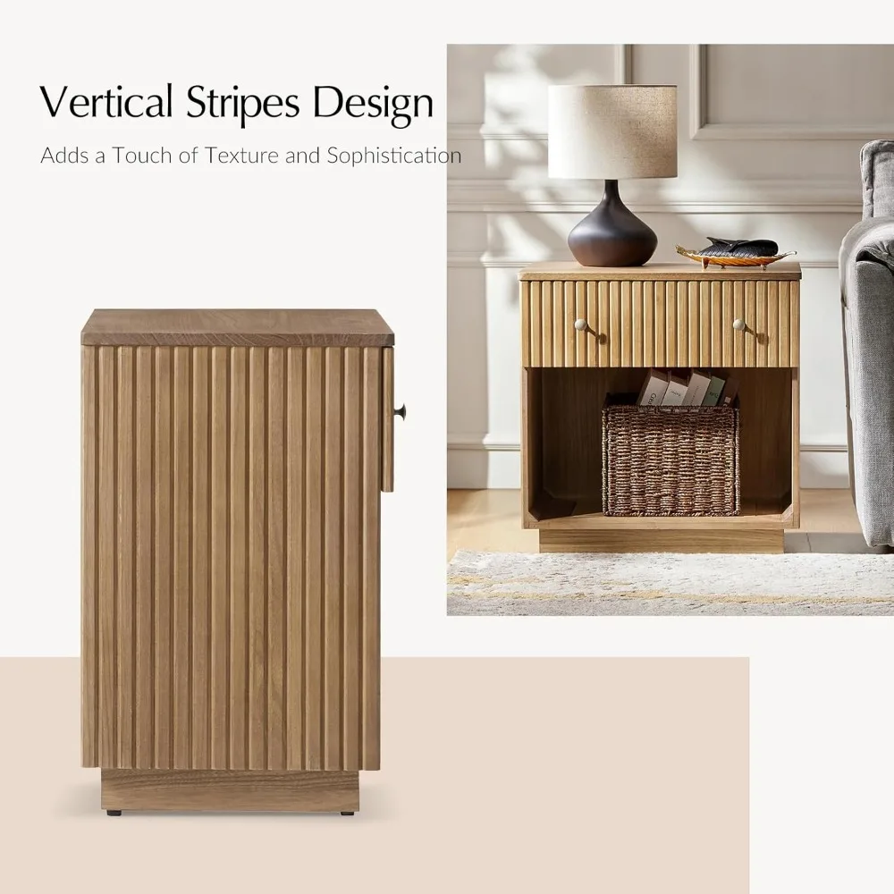 Modern Solid Wood Nightstand Set of 2 with Charging Station and Hidden Drawer, Farmhouse Bedside Table with Vertical Stripes De 4