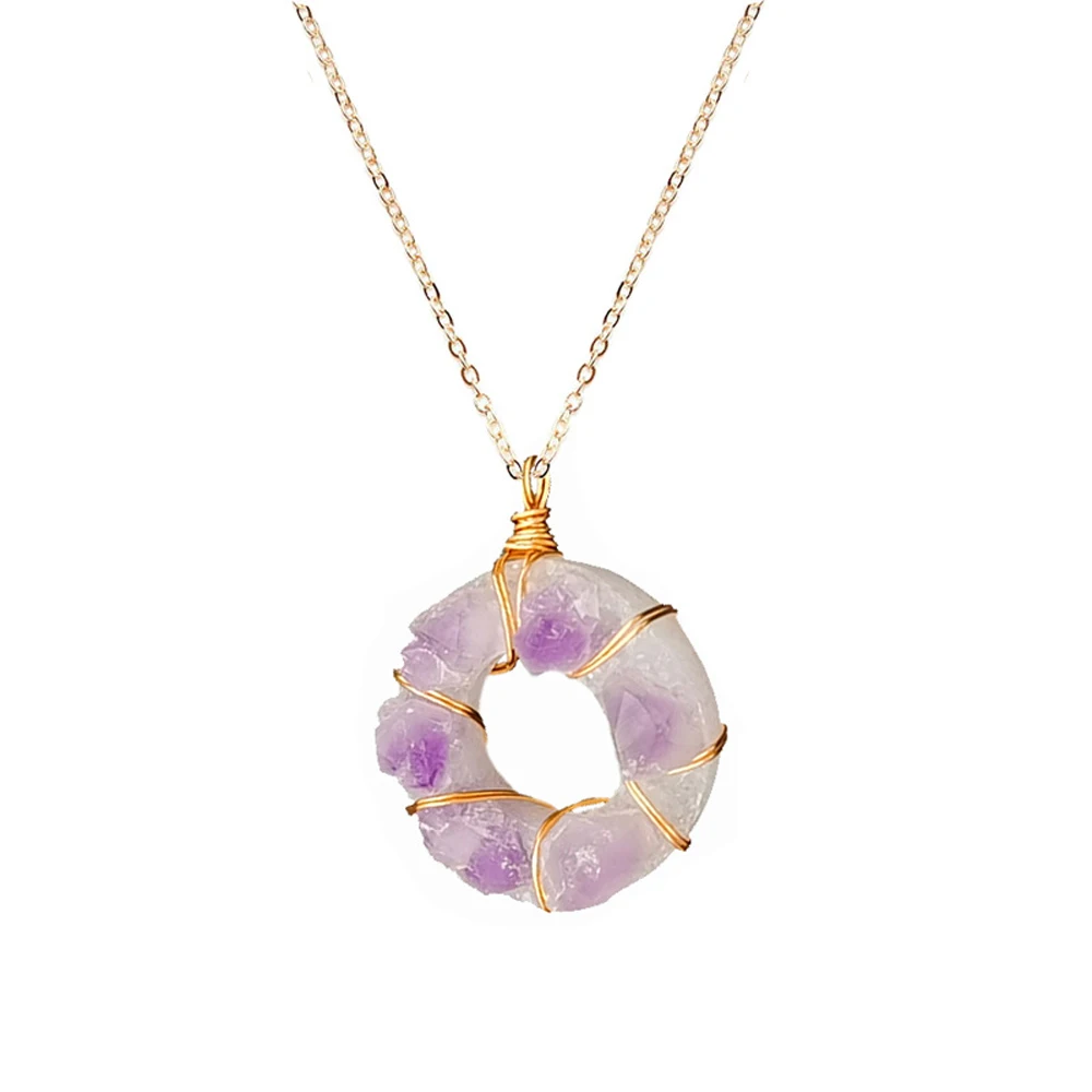 

Amethyst Rough Stone Round Pendant Wire Wrapped Tooth Natural Crystal Necklace Chain Energy Purple Raw Gems Girls Charm Jewelry