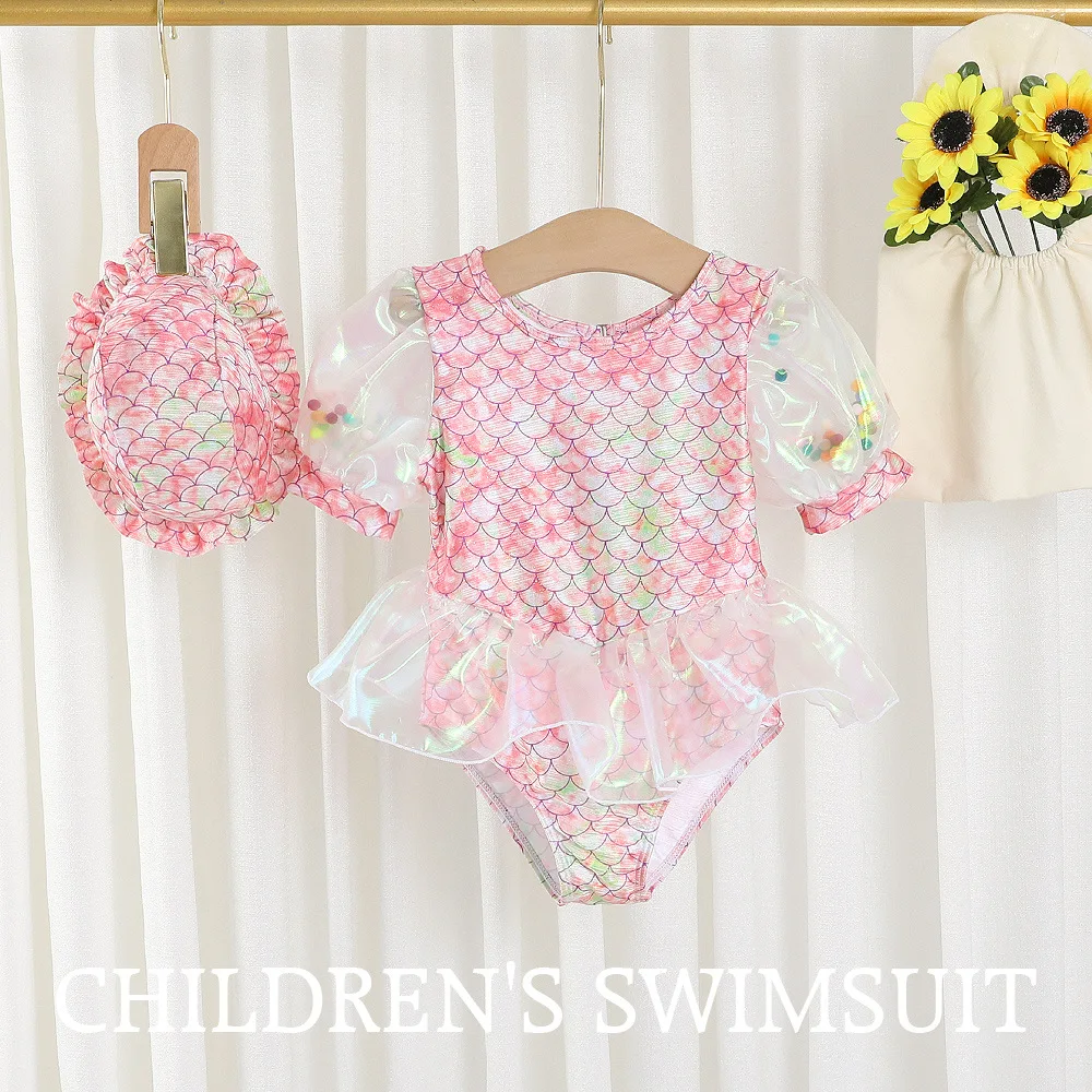 2025 Baby Girls Rainbow Mermaid Swimsuit – One-Piece Princess Swimwear with Hat for Kids Aged 1-7 Years Beachwear Swimwear