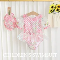 2024 Summer Baby Girls Princess Swimsuit 1-7Years Children One-piece Swimsuit Kids Fashion Rainbow Mermaid Swimwear With Hat 1