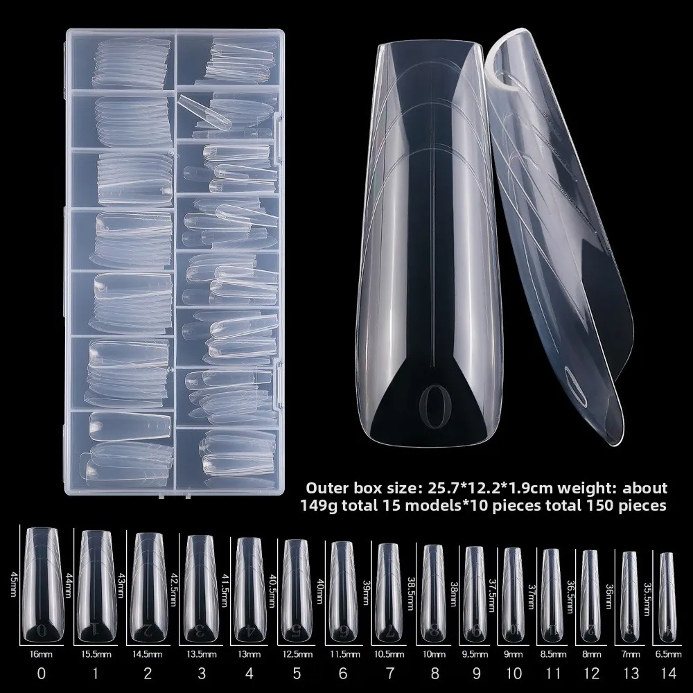 150pcs Coffin Shape Sandwich Nail Forms Natural Clear No-Trace Double-Sided Fake Nails Almond Shape with Auxiliary Line