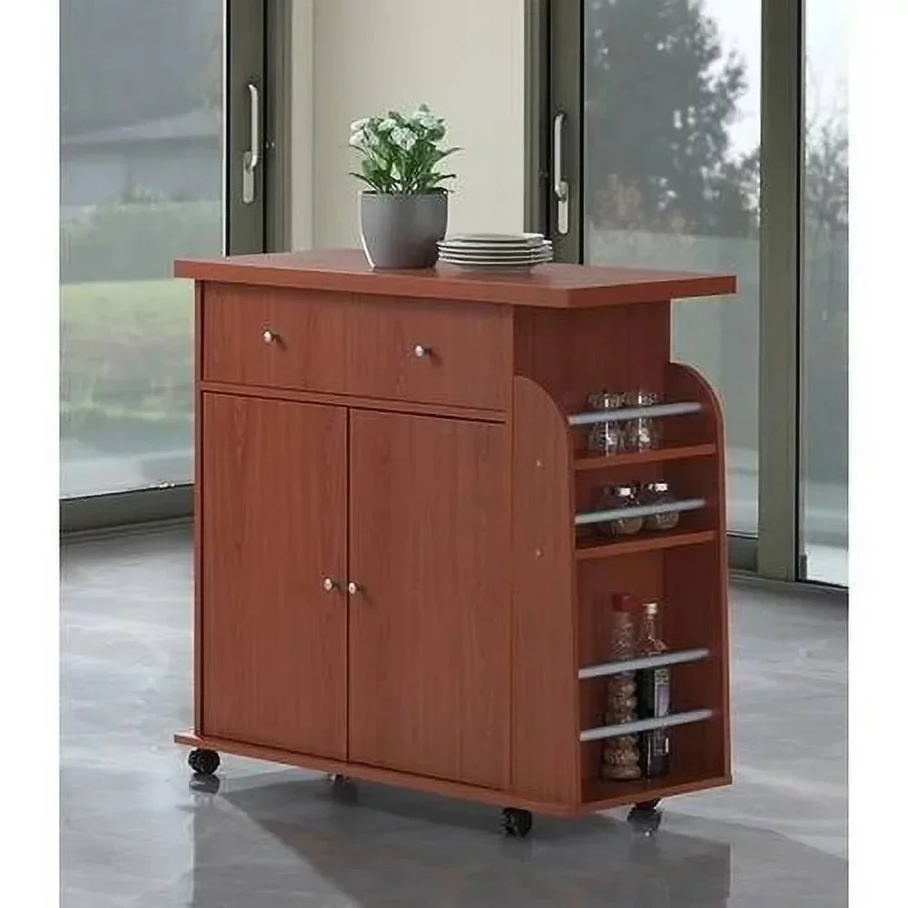 

Modern TrolleysKitchen Cart with Spice Rack & Towel Rack, Cherry Storage Drawers Kitchen Islands Trolleys