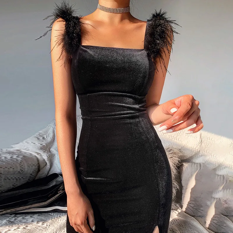 

2024 New Elegant Feather Velvet Ladies Dress Sleeveless Split Hem Slim Party Backless Sexy Summer Chic Feather Dresses