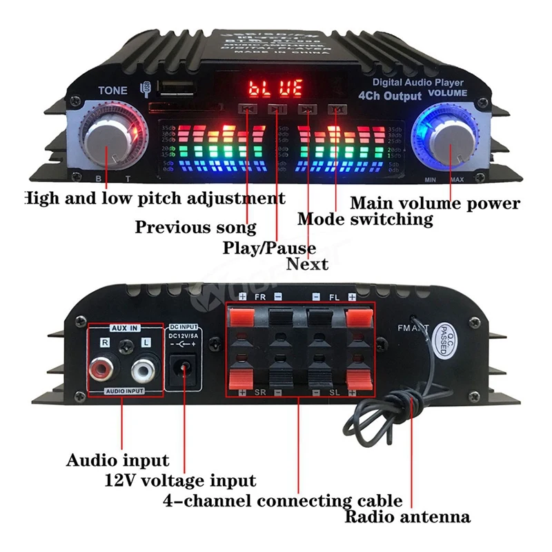 블루투스 5.0 HIFI 오디오 앰프, 홈 오디오 시스템, 자동차, 노래방, USB SD AUX 지원, 4 채널 디지털 사운드 앰프