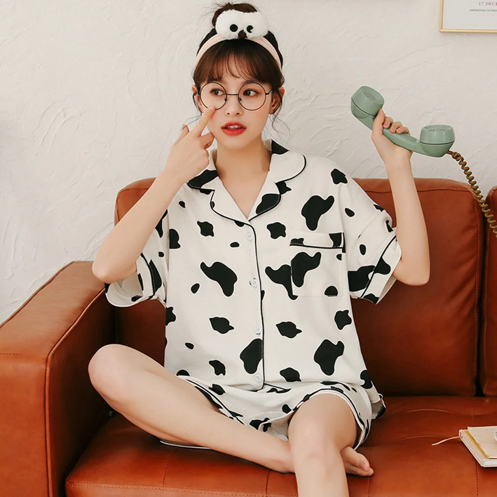 

Womens Cotton Nightgown Womens Pajama Set Two Piece Cow Print Short Sleeve Sleepwear Loungewear Button Down Tops Shorts Summer