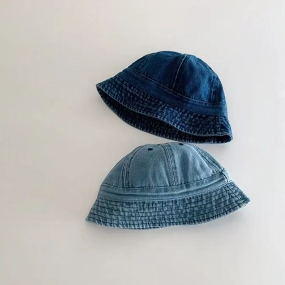 Cloth Washed Denim Bucket Hat Solid Color Korean Style Baby Sun Hat sun protection Windproof Children Fisherman Cap Boys