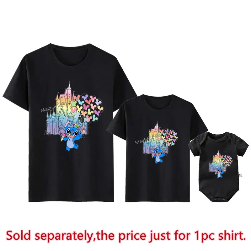 New Watercolor Castle Stitch Print Family Matching Shirts Funny Family Look Dad Mom Kids Tees Tops First Disneyland Trip Outfits 3