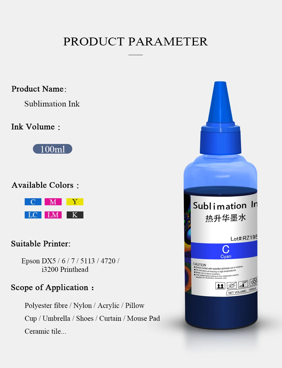 100ml Sublimation Heat Transfer Ink For Epson Desktop L3110 WF3640 WF7610 WF7620 WF7710 WF7720 F500 Printer For tshirt