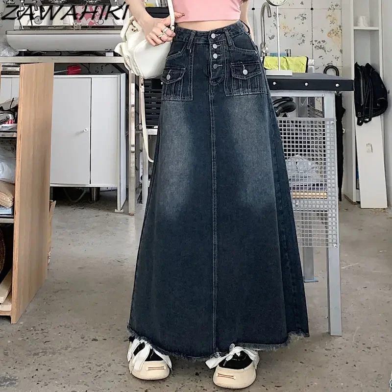 

Spring Summer High Waist Solid Color Frayed Long Denim Skirt Vintage Loose A-line Korean Minimalist Distressed Versatile Faldas