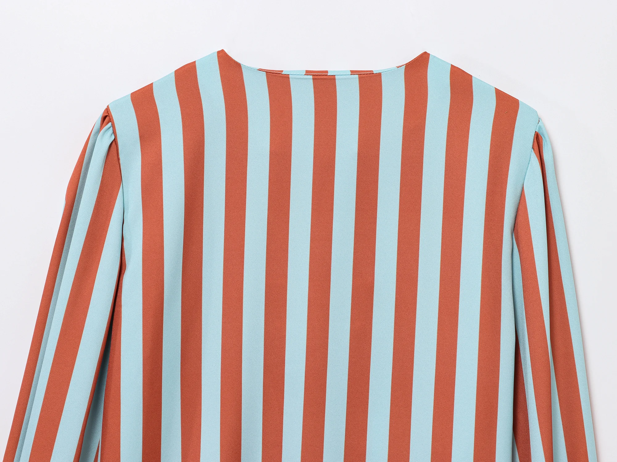 SLTNX New Women's Chic Blouse Loose Stripe Printed Shirt O-neck Bubble Sleeve Single-breasted Simple Casual Blouse