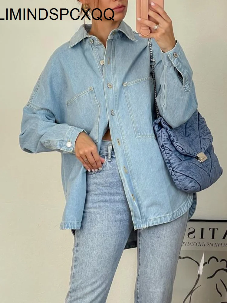 

Женская джинсовая рубашка с длинным рукавом, с карманами