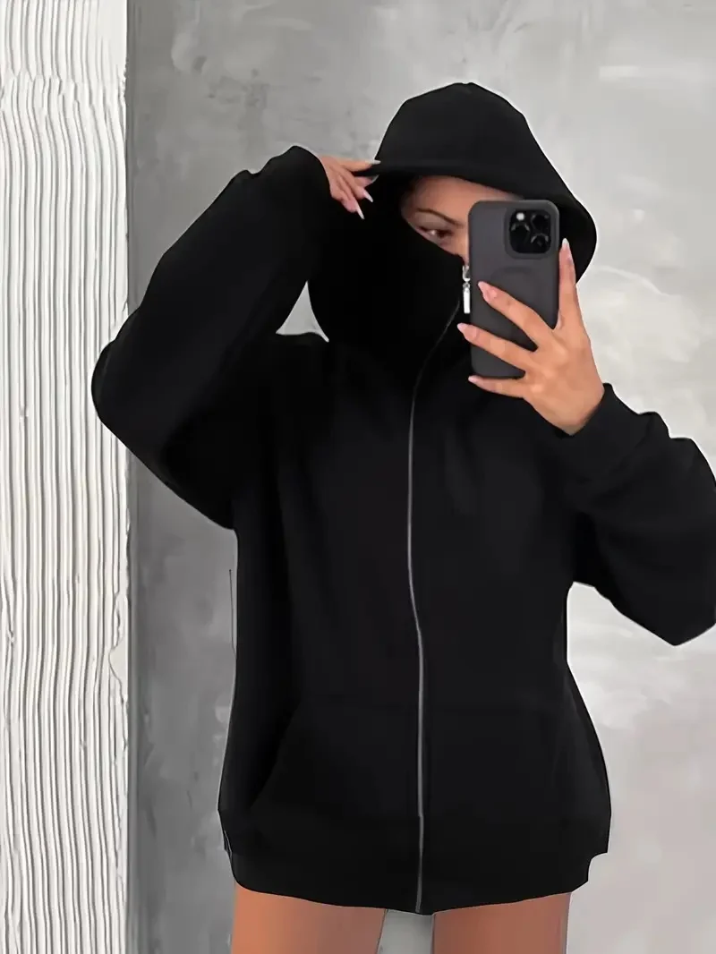 가을 겨울 여성 후드티 트레이닝 스웨트셔츠 이중 후드 스웨트셔츠 마스크 후드 지퍼 가디건 스포츠웨어 따뜻한 여성 코트