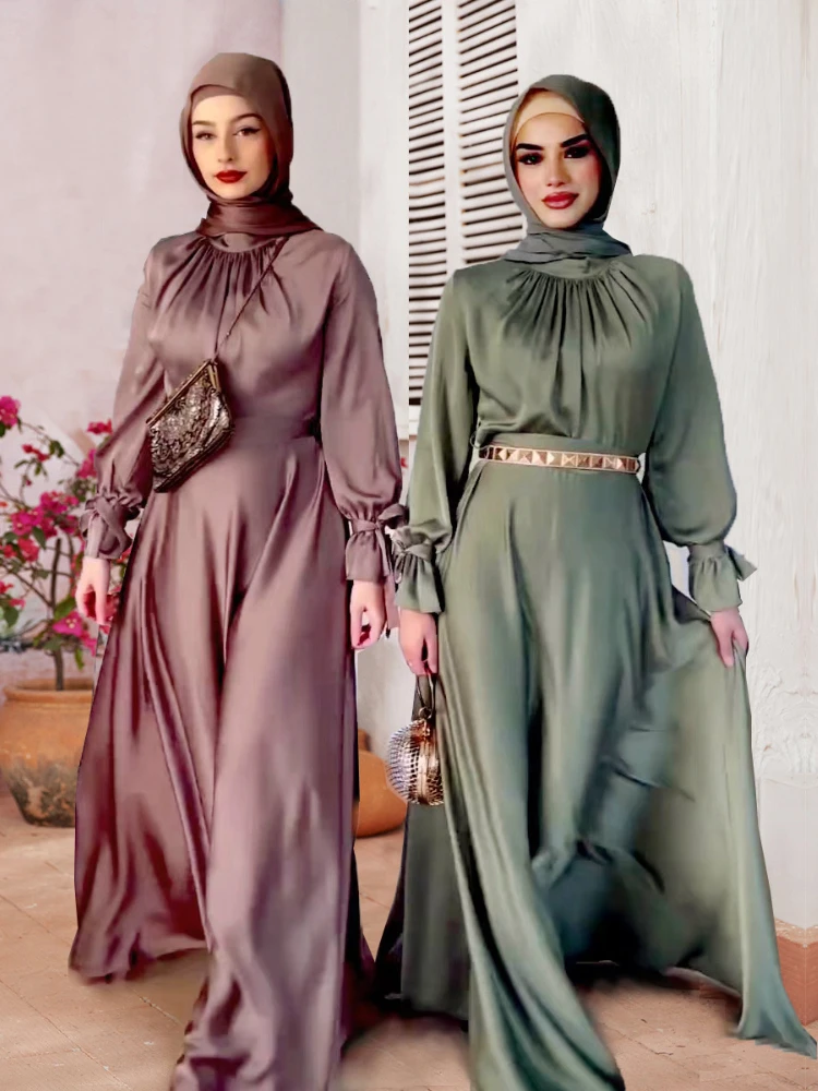 

Eid Abaya Dubai Muslim Dress Women Saudi Arab Turkey Silk Lace-up Party Dresses Ramadan Islam Abayas Belt Vestidos Caftan Kaftan