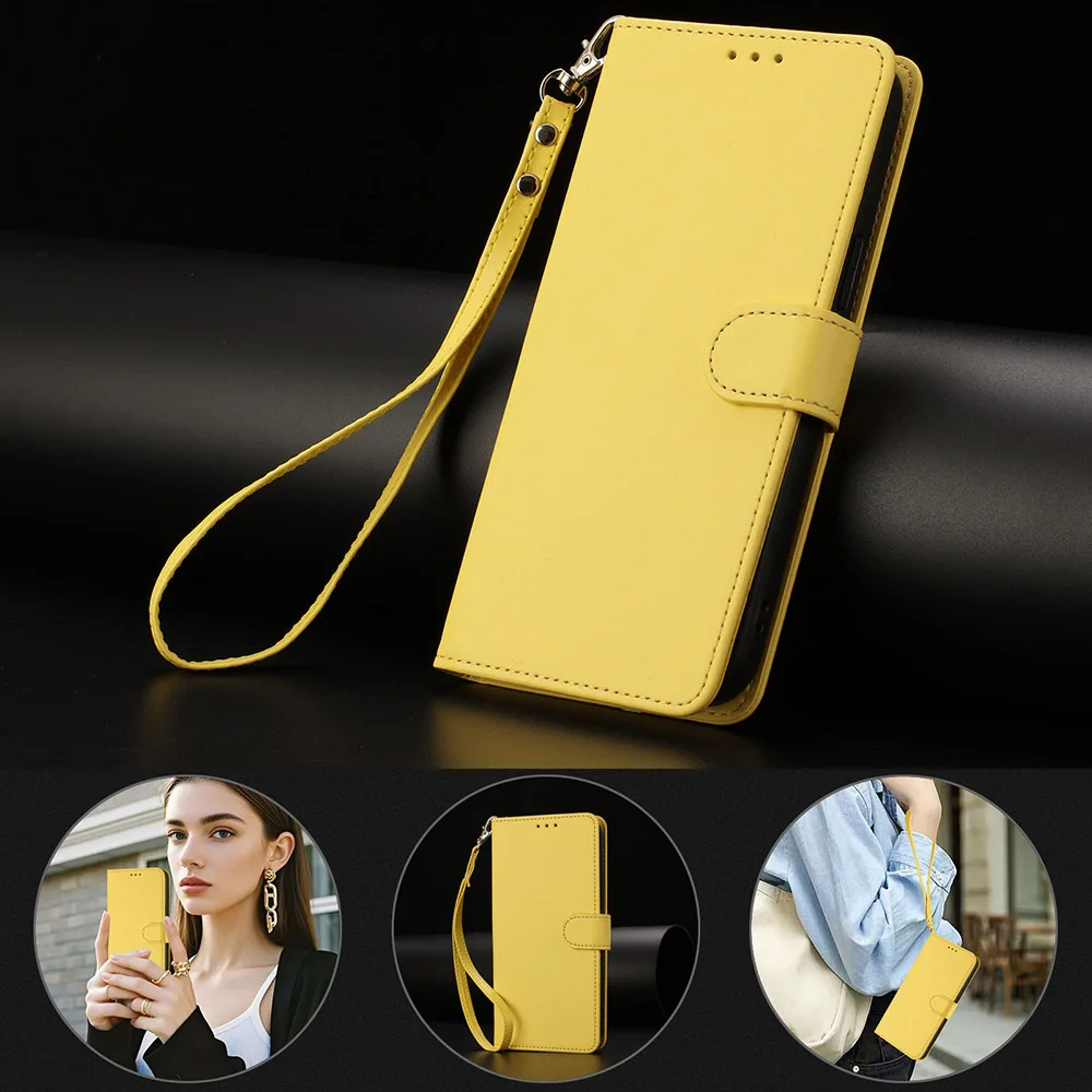 Solid-Color Leather Wallet Case with Card Slot and Stand