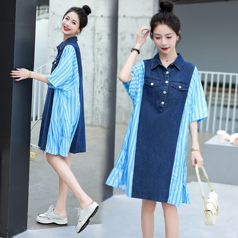 

Летнее Синее джинсовое платье в Корейском стиле, женское платье-футболка в полоску, женские джинсовые платья, свободное Повседневное платье-рубашка с прострочкой