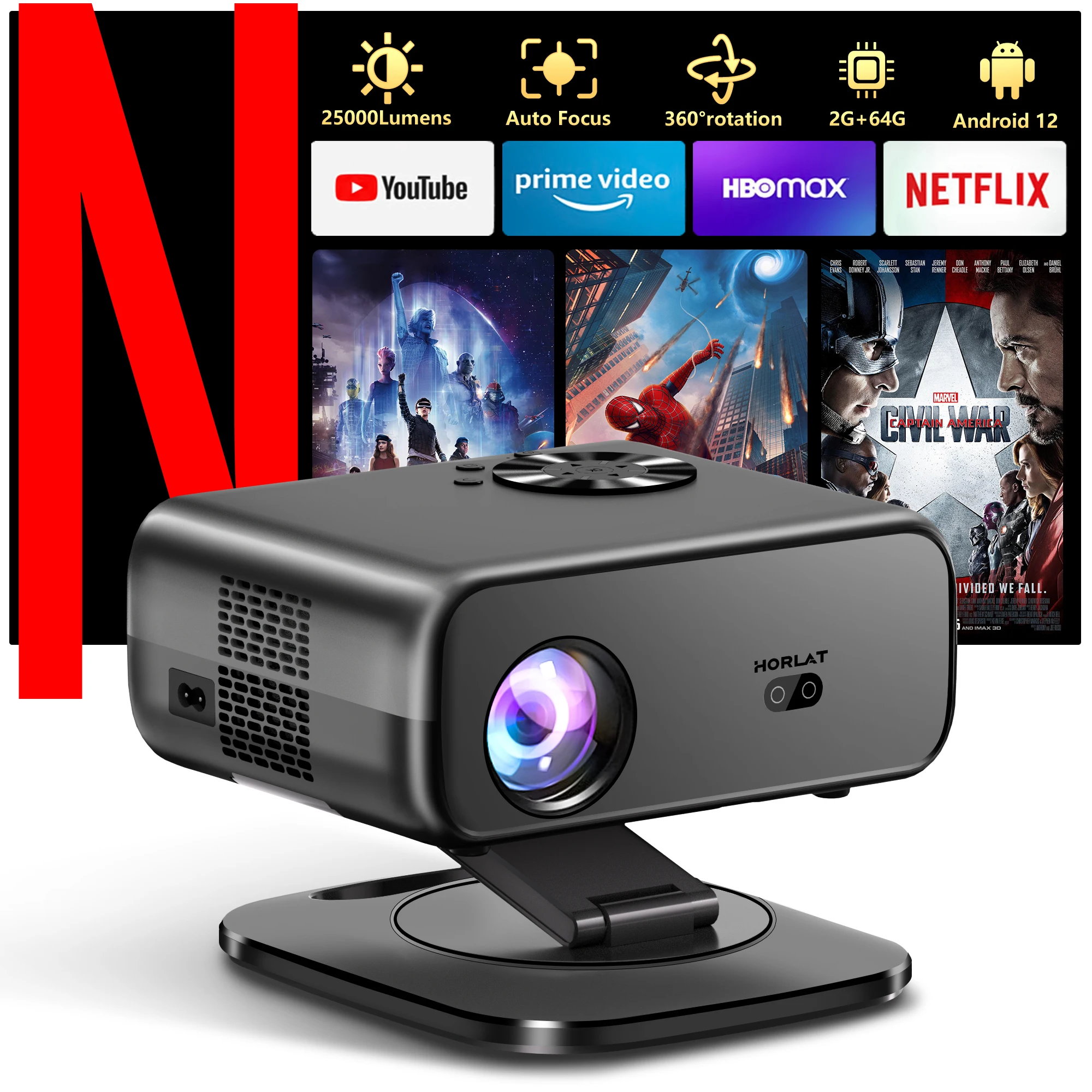 Horlat 2025 mini projetor android12 4k decodificação projetor full hd 1080p vídeo 3d home theater keystone 5g wifi projetor portátil
