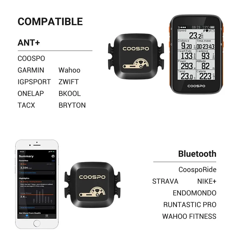 COOSPO 케이던스 및 속도 센서 듀얼 모드 RPM 모니터, 블루투스 4.0 ANT 로드 바이크, Wahoo Garmin 자전거 컴퓨터, BK467