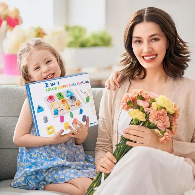 Shape Sorting Toys For Toddler Puzzle Wooden Shape Matching Blocks Learning Toy With Specially Designed Fishing Rods For Home