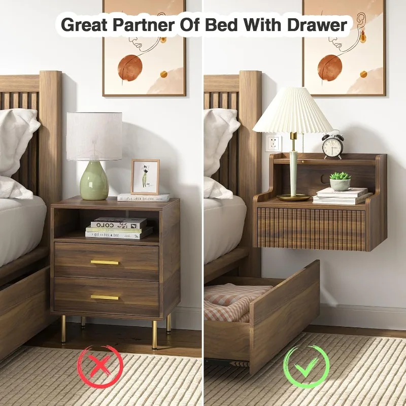 Nightstand Set of 2 with Drawer, Wall Mounted Night Stand, Small Bedside End Table, Modern Wood Floating Bedside