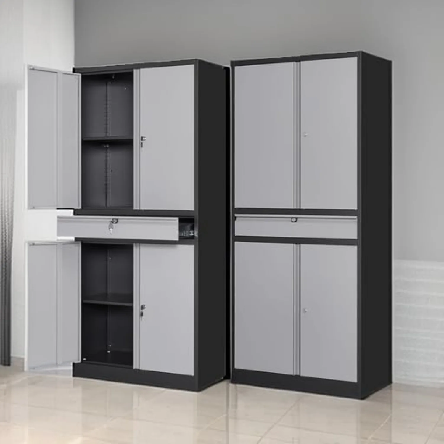 Metal Garage Storage Cabinet w/Drawer,4 Door Tool Cabinet w/Lock-2 Adjustable Shelves for Garage Home Office (Black & Gray) 4