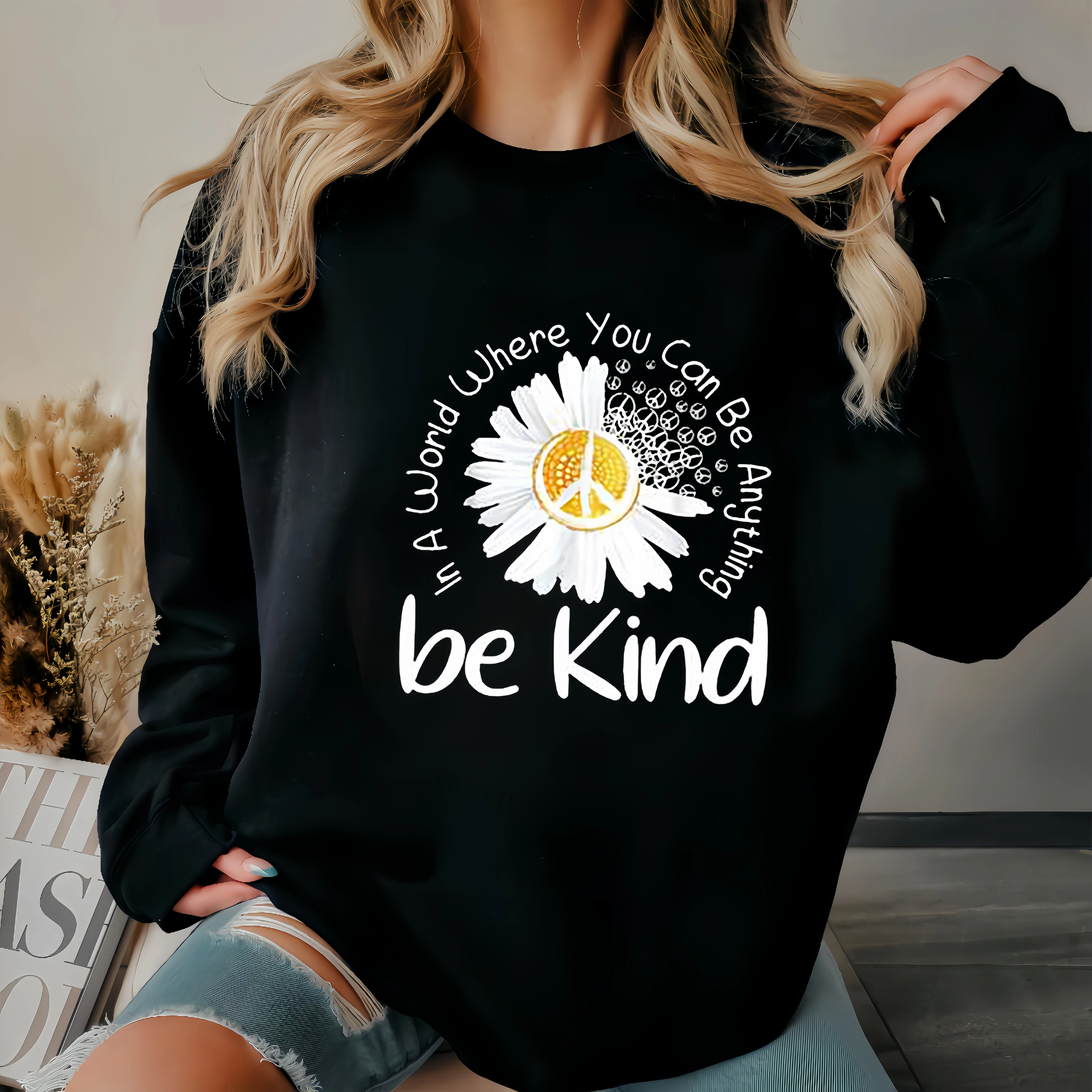 Be Kind Letter Print Sweatshirts Women Thin Spring White Beautiful Flowers Graphic Loose Sports  for Daily Casual Holiday Wear