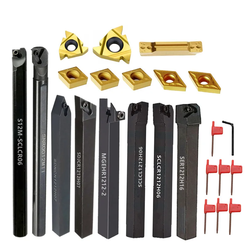 8Sets of 8MM 10MM 12MM 16MM CNC Lathe Turning Tool Holder Boring Bar with Applicable Inserts Wrenches Set for Turning Threading